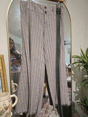Free People Striped Wide-Leg Pants in Light Gray and Taupe